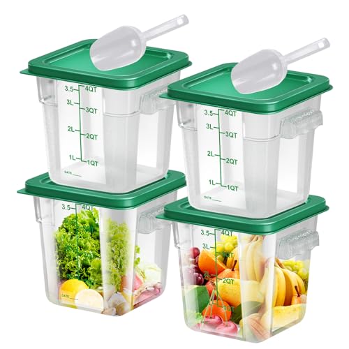 4 pcs 4qt Food Storage Containers with Lid, Square Clear Commercial Food Storage Containers with Handle and Scale for Food Storage in Home Kitchen & Dining (Green) - color: A2-4QT-4PCS-GREEN