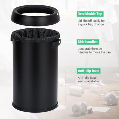 17 Gallon/65 Liter Round Open Top Trash Can, Commercial Grade Heavy Gauge Trash Bin, Stainless Steel Garbage Can, Perfect for Kitchen, Office, School, Restaurant, Matte Black - color: Black Open Top