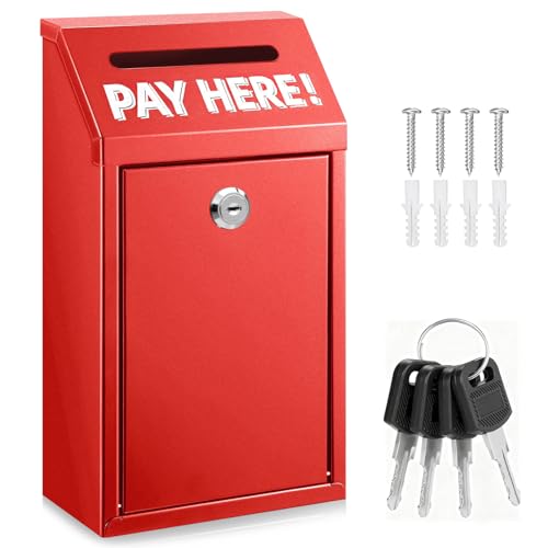 Cash Money Box with Slot – 10.2In Metal Donation Box with Lock for Cash Deposit,Wall Mounted Money Drop with Lock and Slot for Home/Farm/Office/Outdoors(Red) - color: Red