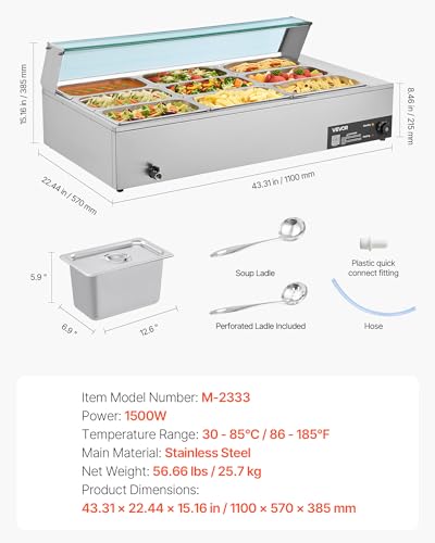 VEVOR Commercial Food Warmer, 1500W Electric Stainless Steel Steam Food Warmer with Glass Cover, 9-Pan Countertop Buffet Bain Marie with Soup & Perforated Ladles, for Catering, Restaurant & Party - size: 9x1/3Pan;72QT