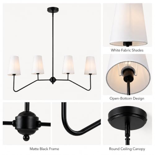 43" W 4-Light Linear Chandelier,Black Kitchen Island Pendant Lighting with White Fabric Shades,Adjustable Height Modern Dining Room Light Fixture,E12 for Kitchen Dining Room Foyer - color: 4 Light-Black