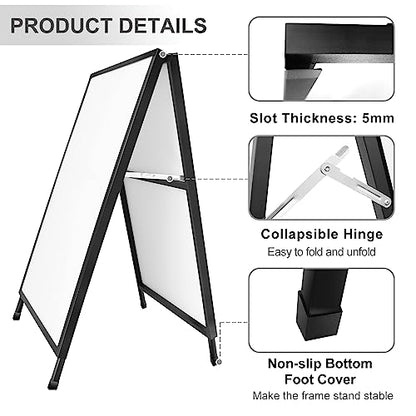 24x36 Inches Double Sided Heavy Duty Slide-in Folding A-Frame Sidewalk Curb Sign Stand Display Poster Boards Poster Holder Frame Chalkboard Sign, (Black-Metal)