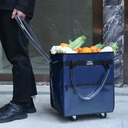 Small DK Blue Reusable Grocery Bag on Wheels, Folding Rolling Tote - color: Dk Blue, size: Small