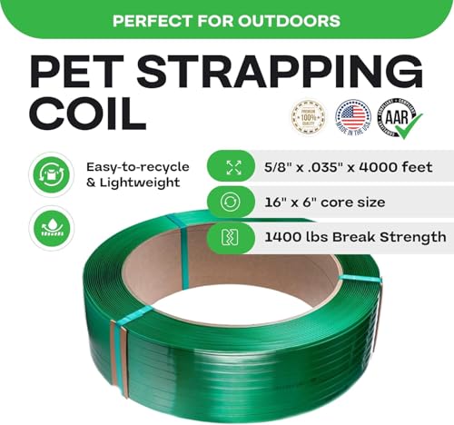 IDL Packaging 5/8" x .035" x 4000' Polyester (PET) Strapping Roll of 16" x 6" Core Size, 1400 lbs Break Strength, Green - UV, Water, and Rust Resistance - Affordable and Lightweight Poly Strapping - size: 5/8W" x 4000L' (1400 lbs BS)