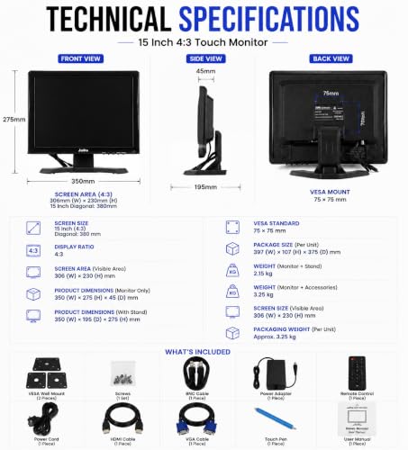 15-Inch Touchscreen Monitor, 1024x768 HD 4:3 Aspect Ratio LCD Display, BNC HDMI VGA AV USB Input, 400cd/m² High Brightness Touch Screen for POS Kiosk Industrial Security, Built-in Speakers - size: 15Inch/4:3