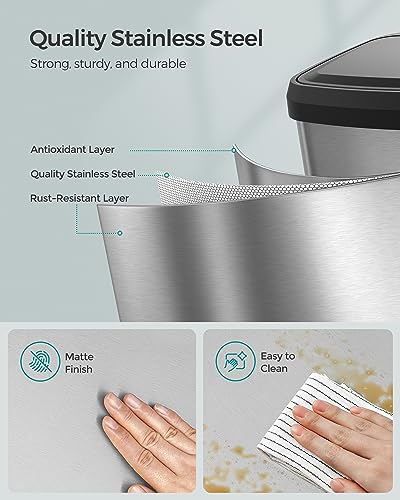 SONGMICS Kitchen Trash Can, 13-Gallon (50 L) Stainless Steel, Soft Closure - color: Silver + Black, style: 13 Gallons
