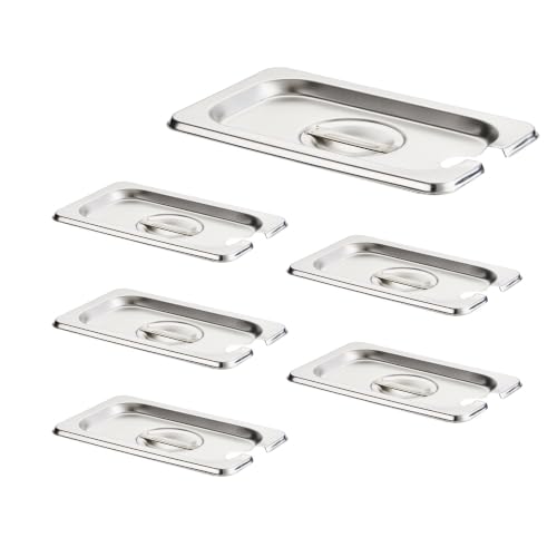HECMAC 6-Pack 1/9 Size Slotted Hotel Pan Cover, Stainless Steel Solid Steam Table Catering Food Pan Lid with Handle, 23 Gauge - size: 1/9 Size, Notched Lid