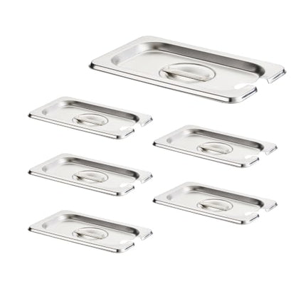 HECMAC 6-Pack 1/9 Size Slotted Hotel Pan Cover, Stainless Steel Solid Steam Table Catering Food Pan Lid with Handle, 23 Gauge - size: 1/9 Size, Notched Lid