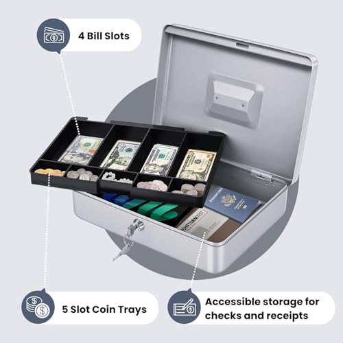 Flexzion Small Cash Box with Money Tray and Lock, 11.4-Inch, Silver - color: Silver