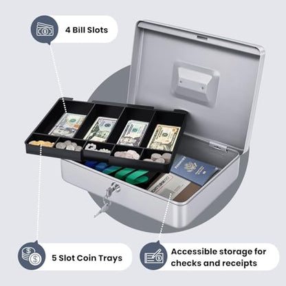Flexzion Small Cash Box with Money Tray and Lock, 11.4-Inch, Silver - color: Silver