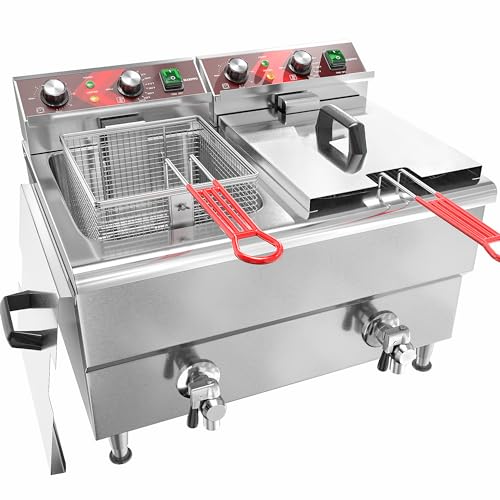 EGGKITPO Commercial Fryer Stainless Steel Electric Deep Fryer with Oil Filtration and Timer 24L Large Capacity Dual Tank Fryer with Baskets and Lids Countertop Deep Fryer for Restaurant Use 120V 3500W - size: 24L