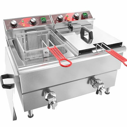 EGGKITPO Commercial Fryer Stainless Steel Electric Deep Fryer with Oil Filtration and Timer 24L Large Capacity Dual Tank Fryer with Baskets and Lids Countertop Deep Fryer for Restaurant Use 120V 3500W - size: 24L