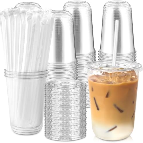 100 Pack 16 oz Plastic Coffee Cups with Lids and Straws