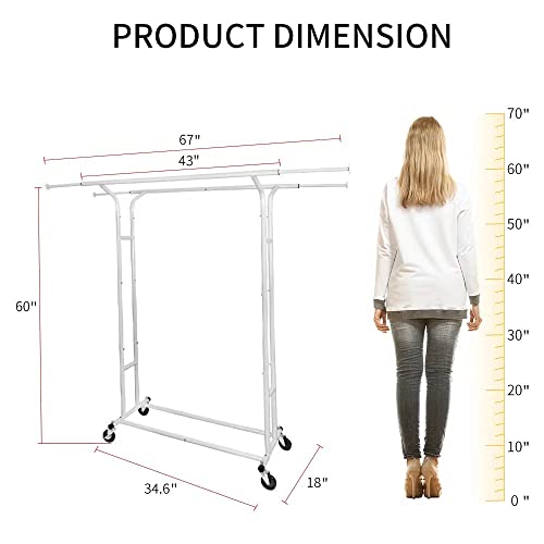 Fishat White 60" H Heavy Duty Double Rod Rolling Garment Clothes Rack - color: White