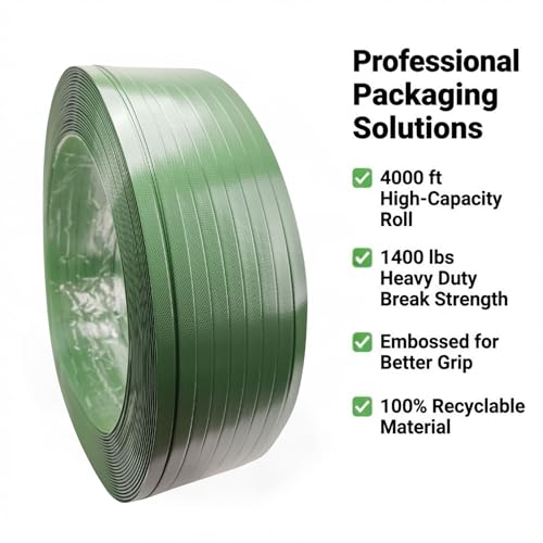 Polyester PET Strapping Roll 5/8" x 0.035" x 4000' – Heavy Duty Green Packaging Banding Strap, 1400 lbs Break Strength, UV & Water Resistant, Lightweight Poly Strapping Coil with 16" x 6" Core - size: 4000 FT Roll