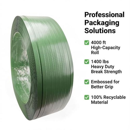 Polyester PET Strapping Roll 5/8" x 0.035" x 4000' – Heavy Duty Green Packaging Banding Strap, 1400 lbs Break Strength, UV & Water Resistant, Lightweight Poly Strapping Coil with 16" x 6" Core - size: 4000 FT Roll