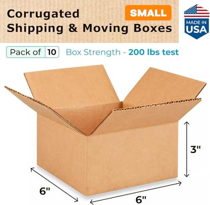 Small Moving & Shipping Boxes 6x6x3 inches (10-Pack) - Extra Strength 200 lb vs Regular - Corrugated Moving Box, Made in USA - Heavy Duty Moving Box - Cardboard Box Small by IDL Packaging - size: 6 * 6 * 3" (Small Boxes)