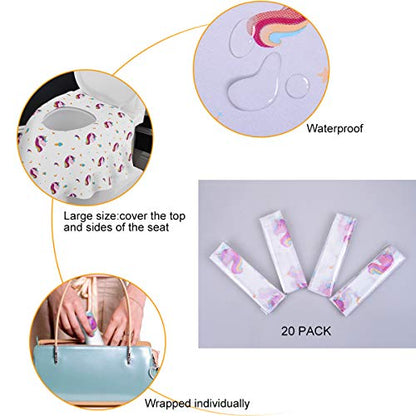 PaperKiddo 20 Pack Disposable Toilet Seat Covers Unicorn Design Waterproof Potty Training Seat Cover Set Extra Large Perfect for Kids and Adults Individually Wrapped for Travel and Home