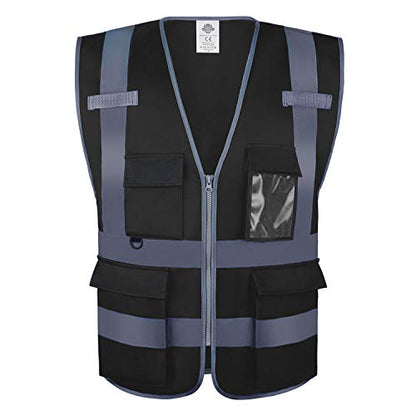 Dazonity High Visibility Safety Vest with Multi Pockets and Zipper, 2XL,Reflective Strips, Fit for Men & Women, Work, Construction,Cycling, Runnning, Surveyor, Volunteer (Black-2XL) - color: Black-2xl