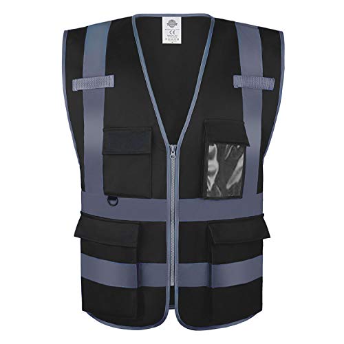 Dazonity High Visibility Safety Vest with Multi Pockets and Zipper, XL,Reflective Strips, Fit for Men & Women, Work, Construction,Cycling, Runnning, Surveyor, Volunteer (Black-XL) - color: Black-xl