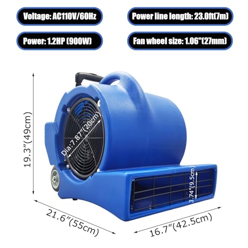 110V Air Mover, 3 Speed Floor Dryer, 900W Blue Cold Floor Blower Wet Carpet Dryer for Janitorial Home Commercial Use