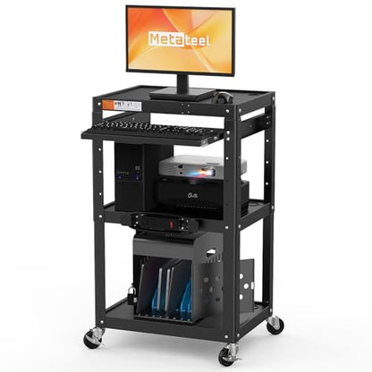 AV Presentation Cart Stand for Video Projector,TV,Laptop Computers,Printers,Metal Construction Rolling Cart with Adjustable Shelves,4 Wheels,4 Outlets, 5.75ft Cord,Support 300 lbs,Black - style: AV Cart with Keyboard Tray（M-AV-J）