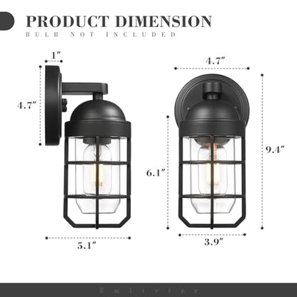 Emliviar Farmhouse Outdoor Wall Light, 2 Pack Wall Light Fixtures with Clear Tempered Glass, Black Finish, GE255B-2PK BK - color: Black - Clear Tempered Glass, size: 9.4 Inch