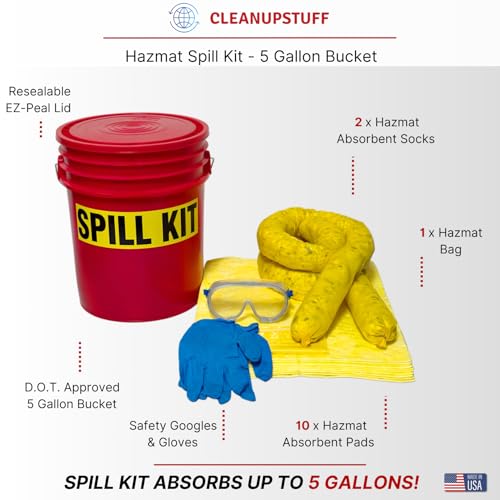 Original Bucket Spill Kit - Hazmat Absorbents & 5-Gallon Red Bucket - Spill Pads & Absorbent Socks - Oil Spill Clean Up - Absorb 5 Gallons (Made in USA)