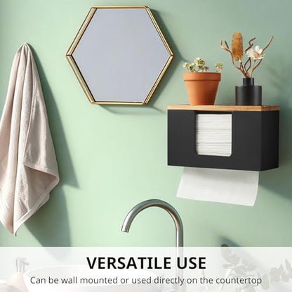 Paper Towel Dispenser Wall Mount, Wooden Bathroom Paper Towel Holder with Lid for Home and Commercial, C-Fold, Z-Fold, Trifold Paper Hand Towel Dispenser for Bathroom Kitchen Restroom, Black
