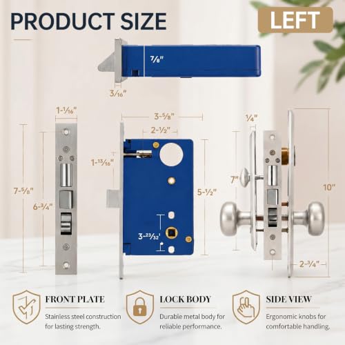 Tandefio 1 Set Mortise Lock with 2-1/2" Backset, Left Hand, Silver - style: Left Hand