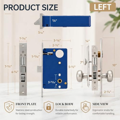 Tandefio 1 Set Mortise Lock with 2-1/2" Backset, Left Hand, Silver - style: Left Hand