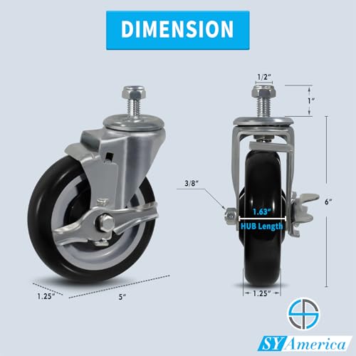 SY America 5" Shopping Cart Replacement Wheels,Stem Casters Swivel Casters Set of 4 Heavy Duty Castors,Load Capacity 1400 lbs (Black) - color: Black, size: 2 Brake & 2 Swivel