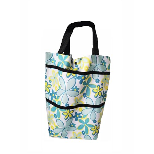 Foldable Wheeled Grocery Bag - Water-Resistant Rolling Tote - color: Light Blue Flower
