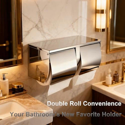 Double Toilet Paper Holder with Shelf, Wall Mount Tissue Dispenser
