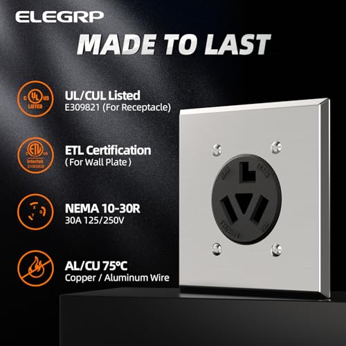 ELEGRP NEMA 10-30R Receptacle, 30 Amp 3 Prong Dryer Outlet UL Listed, 125/250V Flush Mount Power Outlet, Straight Blade Dryer with Stainless Steel Wall Plate, Non-Grounding, 1 Pack - style: NEMA 10-30R Outlet Includes Wall Plate
