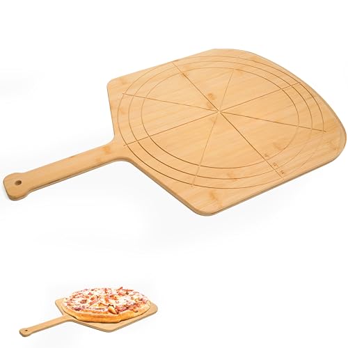 Wooden Pizza Peel 14 Inch Board with Engraved Sizes - Multi-Purpose Bamboo Pizza Cutting Board, Wood Pizza Peel, Pizza Spatula Paddle, and Serving Board with Size and Cutting Guide - color: Natural(14 inch)