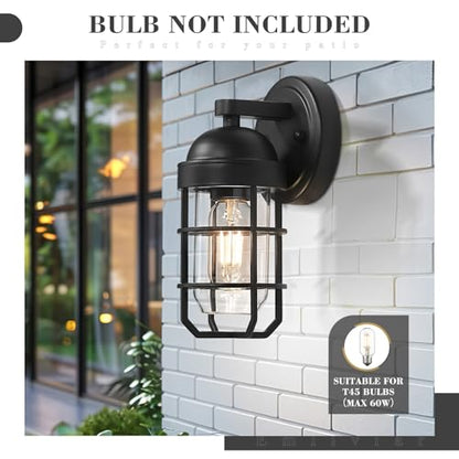 Emliviar Farmhouse Outdoor Wall Light, 2 Pack Wall Light Fixtures with Clear Tempered Glass, Black Finish, GE255B-2PK BK - color: Black - Clear Tempered Glass, size: 9.4 Inch