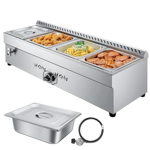 VEVOR 4-Pan Commercial Propane Steam Table, LP Gas Outdoor Soup Warmer with Drain Valve, Stainless Steel Propane Food Warmer with Adjustable Temperature, for Restaurant Party Outdoor Camping - size: 4×1/2 Pan;48QT