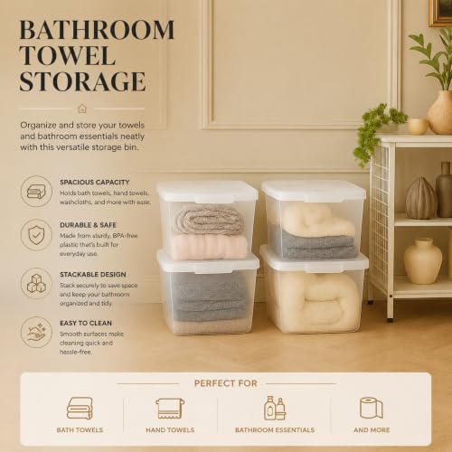Lustroware Large Food Storage Containers with Lids, Set of 4 Airtight BPA-Free Latching Storage Bins with 4-Side Locking Lids for Rice, Flour, Pet Food and Pantry, Made in Japan