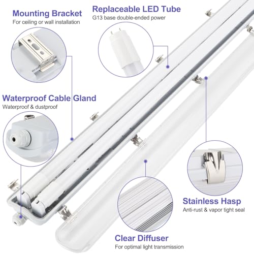 4FT LED Vapor Tight Light Fixtures 2Pack, Clear Cover, 40W 5600LM