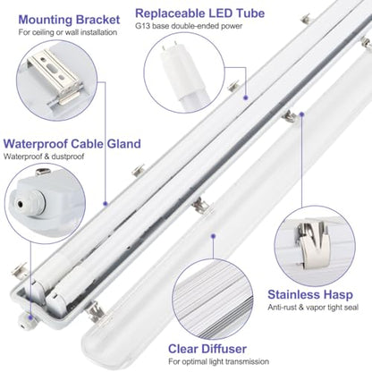 4FT LED Vapor Tight Light Fixtures 2Pack, Clear Cover, 40W 5600LM