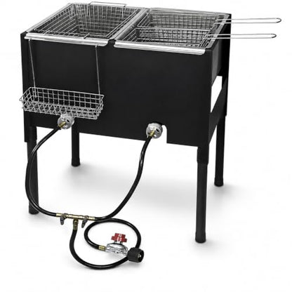 Barton Outdoor Propane Deep Fryer with Dual Burners & 3 Fry Baskets, High Pressure Double Tank Fryer Station for Fish Fry, Seafood Boil, Shrimp, Wings, Chicken & Backyard Cooking