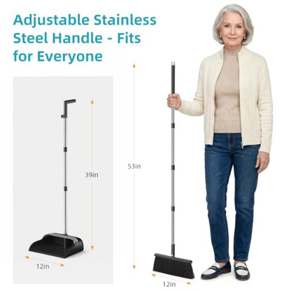 MOPALL Broom with Dustpan Combo Set with 53" Long Handle Inc 2 Broom Heads - color: Black & Grey
