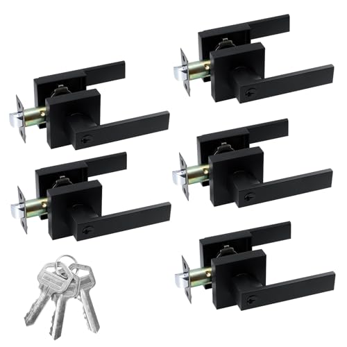 JO.KO 5 Pack Entry Door Lock Set, Square Door Lever for Bedroom - color: Matte Black, size: 5 Pack