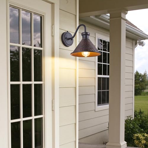 Tarentlight Dusk to Dawn Outdoor Gooseneck Wall Sconce with Dark Sky Cast Hammered Aluminum Shade in Oil Rubbed Bronze Finish,Anti-Rust Waterproof Outdoor Light for Farmhouse Porch Garage,1-Light E26 - color: 1 Pack Oil-Rubbed Bronze(With Photocell)