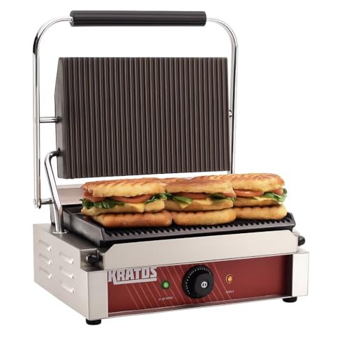 Kratos Commercial Electric Panini Sandwich Grill with Grooved Plates - size: Medium w/ Grooved Plates