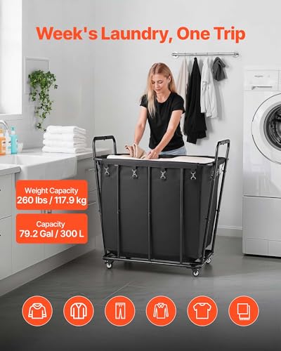 VEVOR Laundry Cart, Rolling Grocery Utility Cart with Waterproof Liner & Swivel Wheels, 260 LBS Large Load Capacity, Heavy Duty Shopping Basket for Laundry, Shopping, Camping, Grocery, Luggage, Black - size: 26.2"D x 36.4"W x 37.2"H