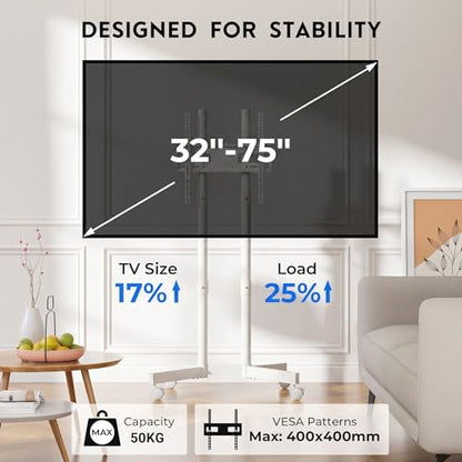 BONTEC Rolling TV Stand for 32-75 Inch TVs, Heavy Duty TV Stand, White - color: White, size: 32-75 IN