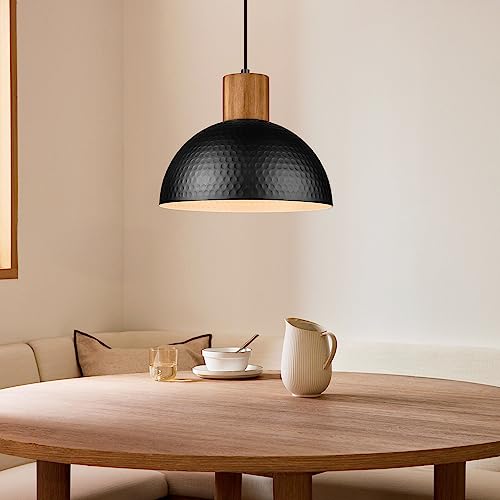 ELYONA 12" Hammered Metal Pendant Light, Rubber Wood Dome Hanging Lamp, Modern Pendant Light Fixtures for Kitchen Island, Bar, Farmhouse Dining Room, Bedroom, Hallway - Black - color: Black - 1 Pack