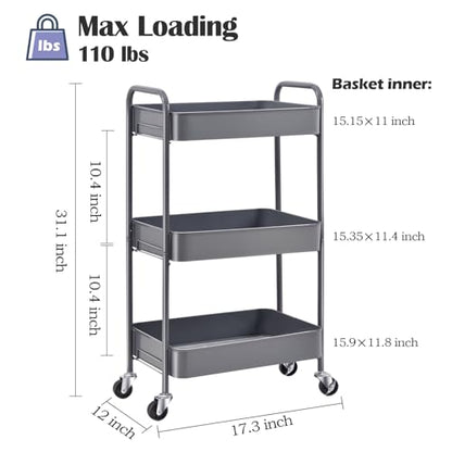 TOOLF 3 Tier Metal Rolling Cart, Utility Storage Cart with Wheels, Grey - color: Grey, size: 3-Tier